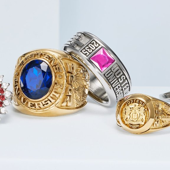 An assortment of college class rings.