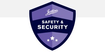 A purple shield icon with safety and security written on it.